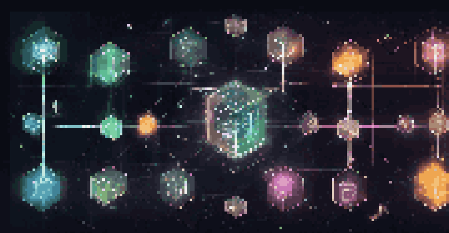 An abstract image of blockchain technology with interconnected glowing blocks, financial symbols, and data streams.