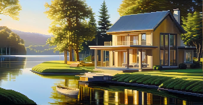 A tranquil lake scene with greenery, a modern house, and gold bars symbolizing diversified investments.