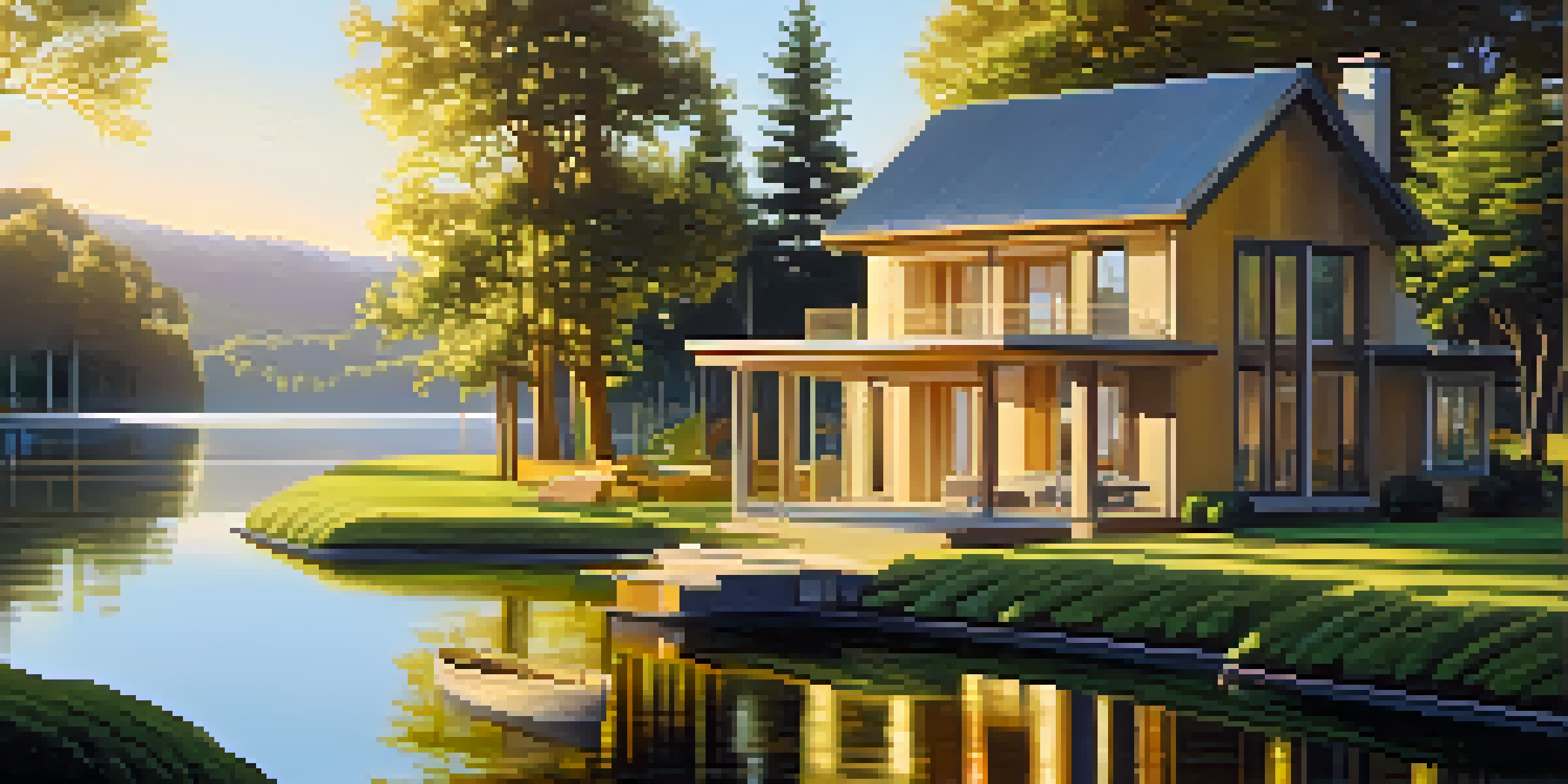A tranquil lake scene with greenery, a modern house, and gold bars symbolizing diversified investments.