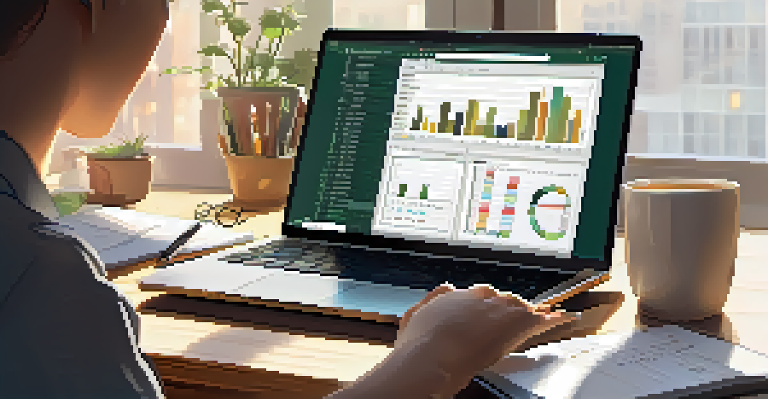 Close-up of hands typing on a laptop with financial data on the screen in a cozy home office.