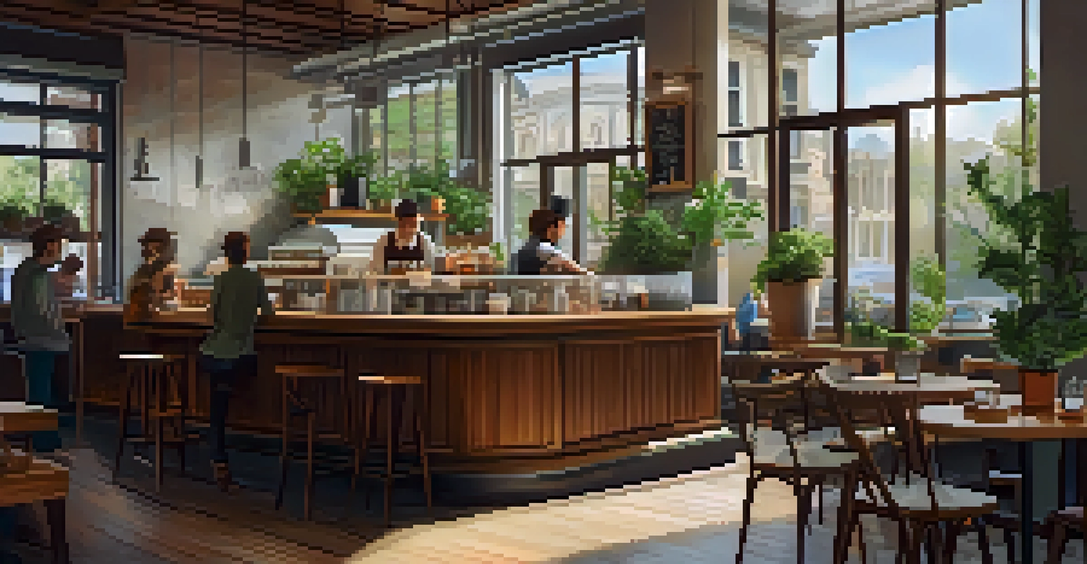 A warm and inviting café interior with patrons and a barista.