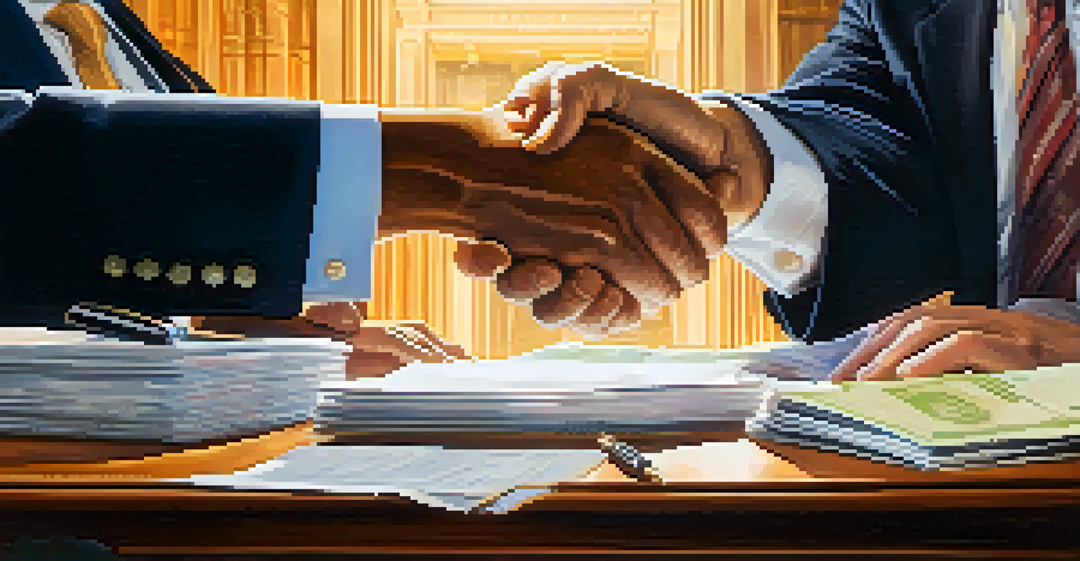 A close-up of hands shaking over a desk with financial documents, symbolizing trust and partnership in ethical investing.