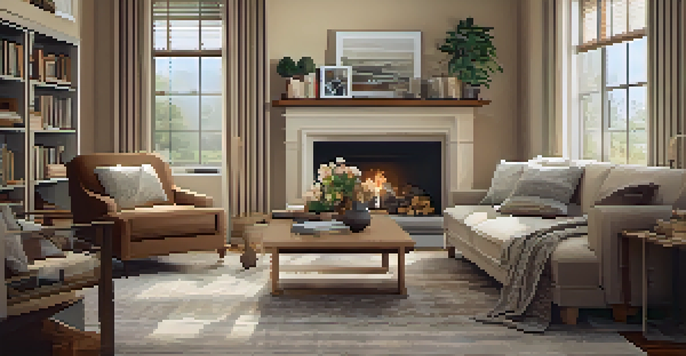 A cozy living room with a comfortable sofa and large windows, filled with natural light, decorated with plants and artwork.