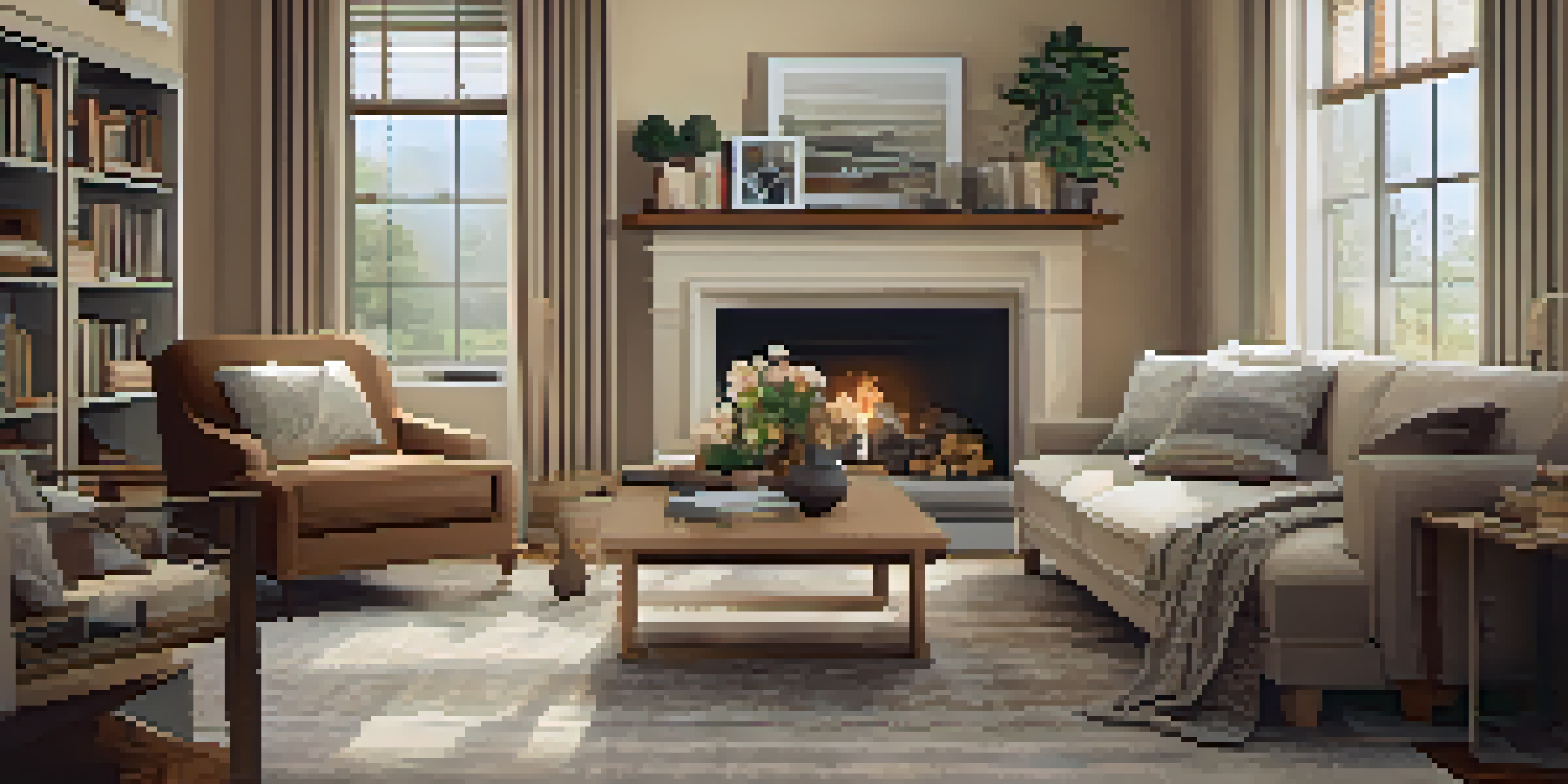 A cozy living room with a comfortable sofa and large windows, filled with natural light, decorated with plants and artwork.