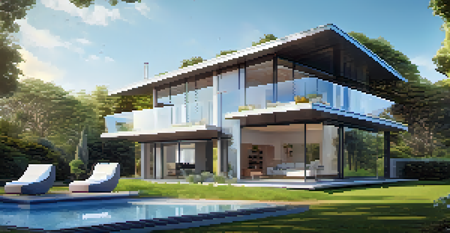 A modern home with solar panels and a battery storage unit in a sunny garden, representing sustainable living.