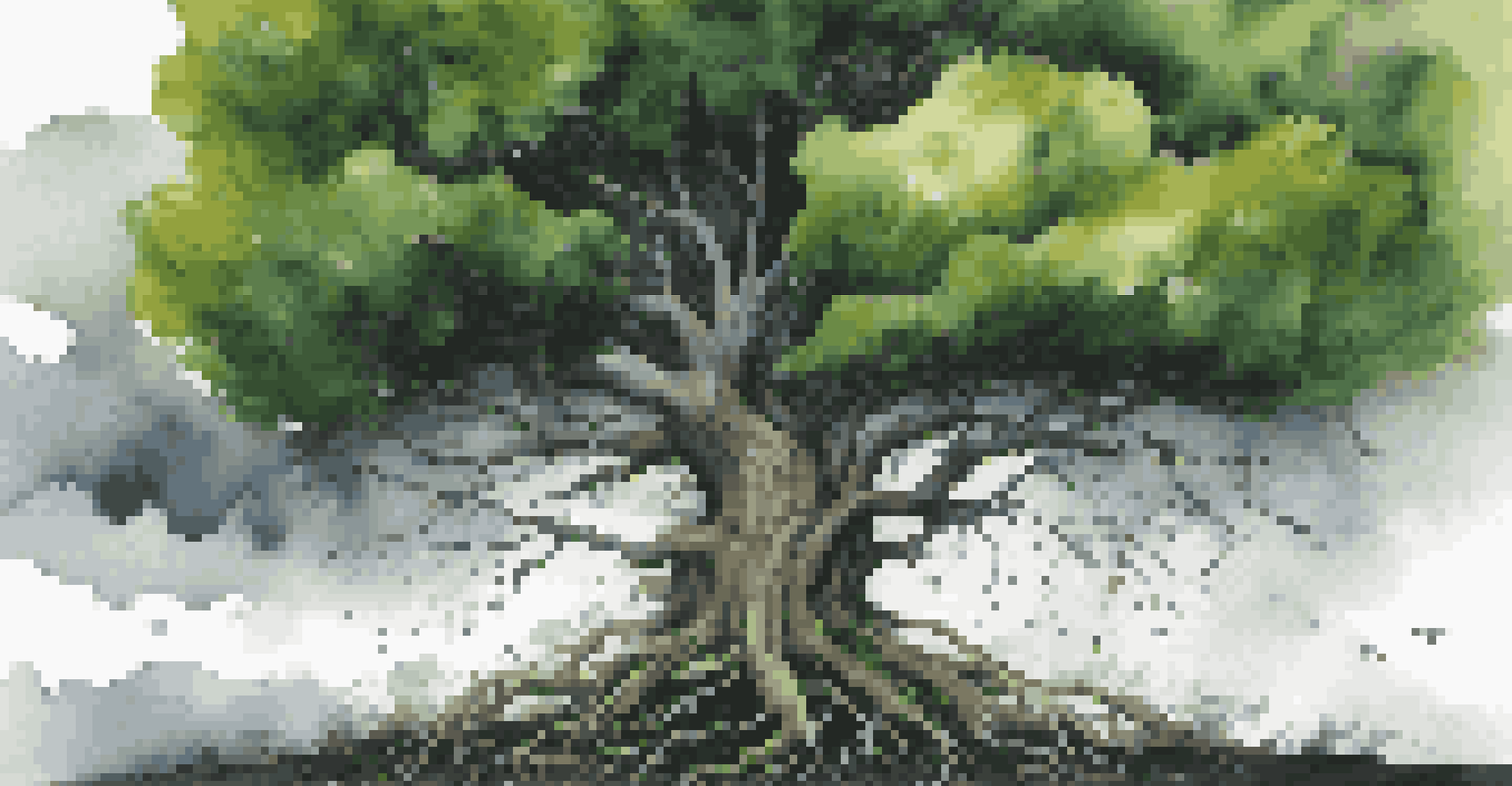 A strong tree with deep roots stands firm against stormy weather, symbolizing financial resilience. The vibrant green leaves contrast with dark storm clouds, illustrating stability in chaos.