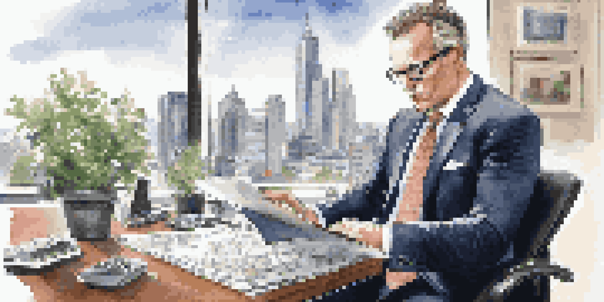 A middle-aged financial advisor in a suit, reviewing documents at a modern office desk with a city skyline view.