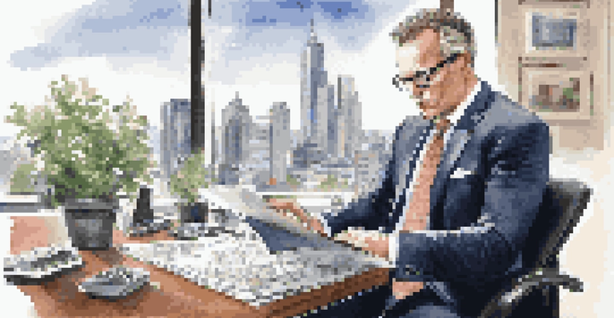 A middle-aged financial advisor in a suit, reviewing documents at a modern office desk with a city skyline view.