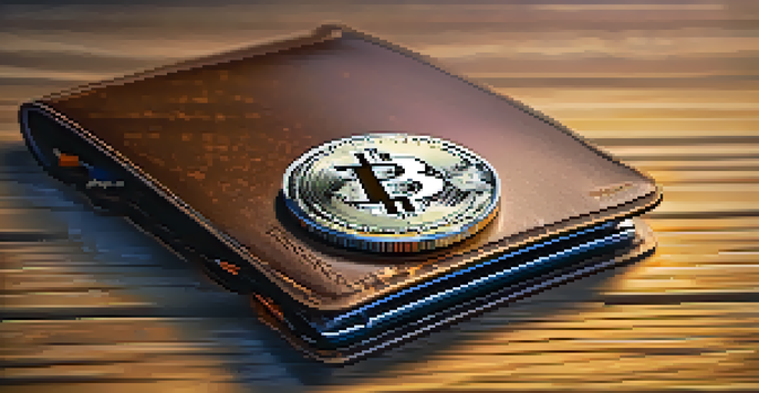 A close-up of a cryptocurrency wallet on a wooden table, with coins blurred in the background.