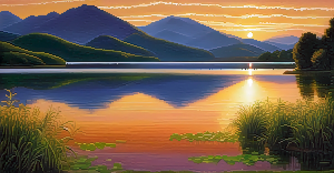 A peaceful lake scene with mountains and a colorful sunset, reflecting on the water.