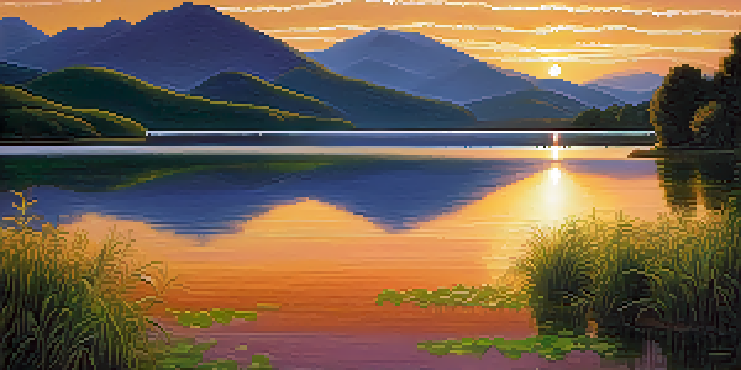 A peaceful lake scene with mountains and a colorful sunset, reflecting on the water.