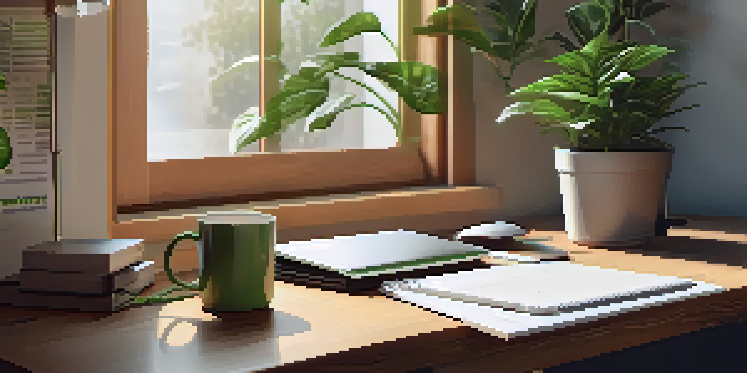 A cozy workspace with a laptop, notepad, and coffee, illuminated by soft natural light.