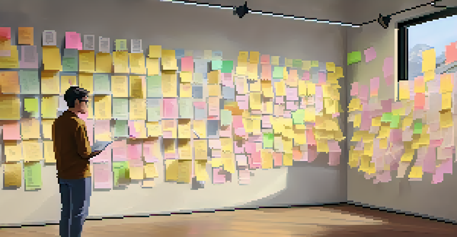 A person in a cozy room analyzing market research findings on a wall covered with post-it notes.