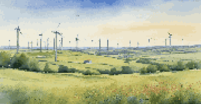 A peaceful scene featuring a wind farm with turbines and a green field of wildflowers, representing the integration of renewable energy and community.