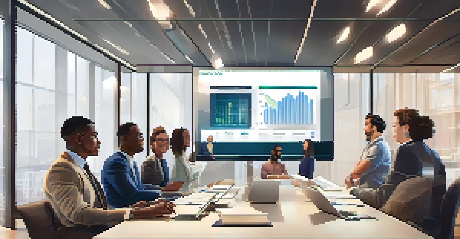 A diverse group of people participating in a virtual investment club meeting in a modern conference room.