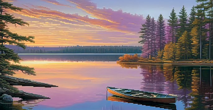 A peaceful sunset scene over a lake with a wooden dock and a rowboat.