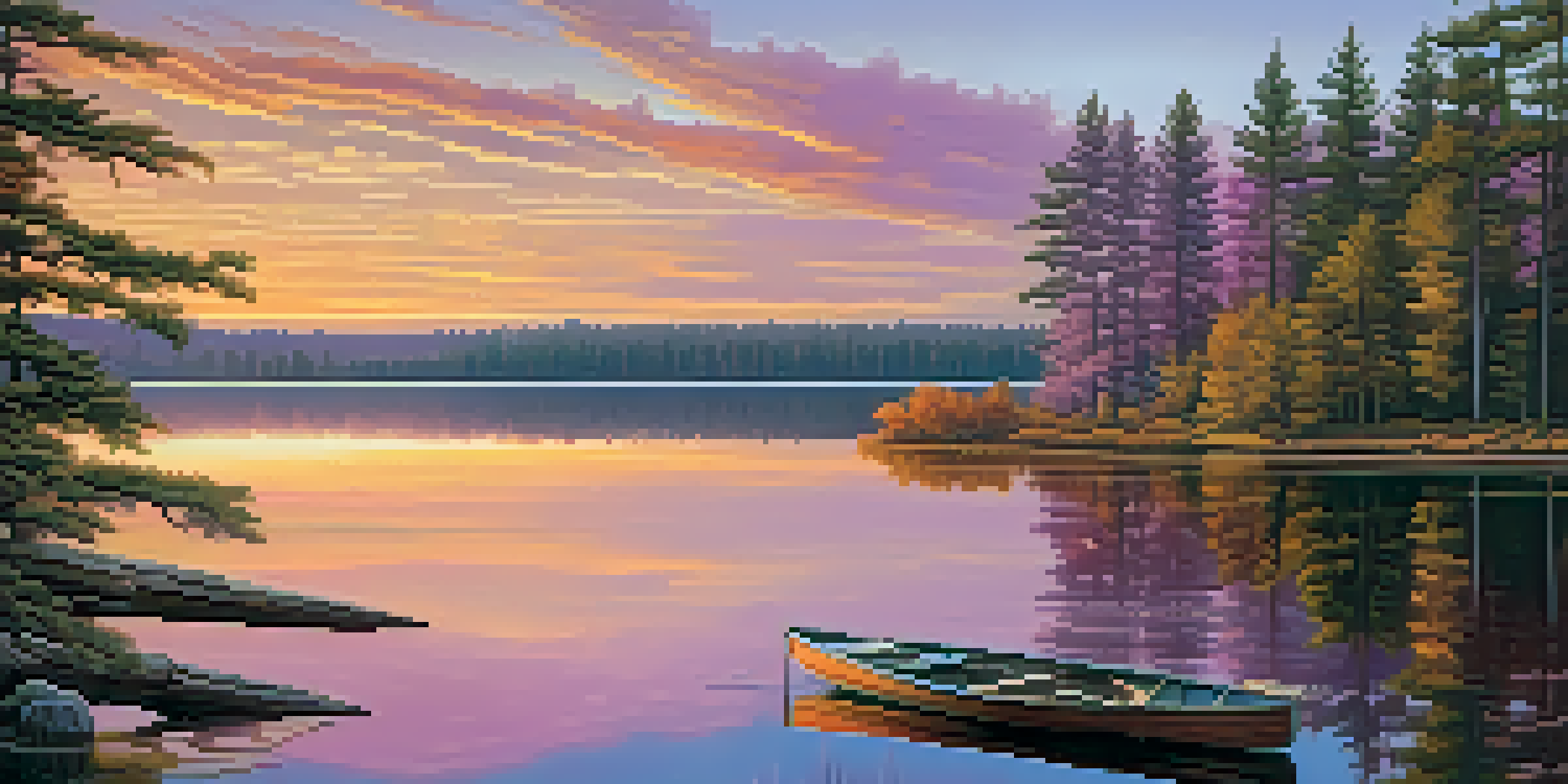 A peaceful sunset scene over a lake with a wooden dock and a rowboat.