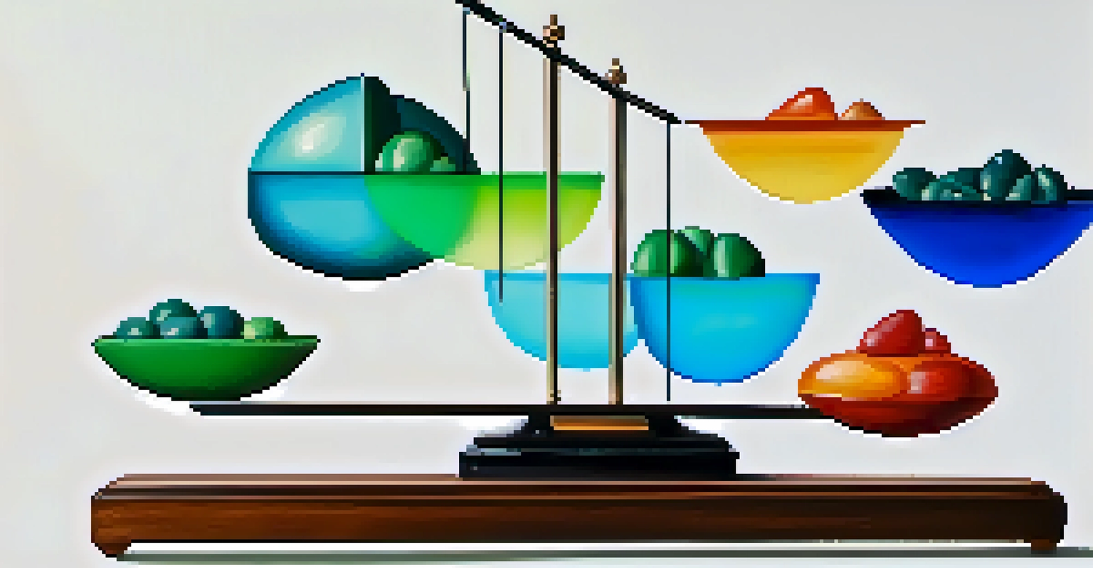 A balanced scale illustrating the concept of portfolio diversification with stocks represented by colorful graphs and bonds as solid stones on either side.