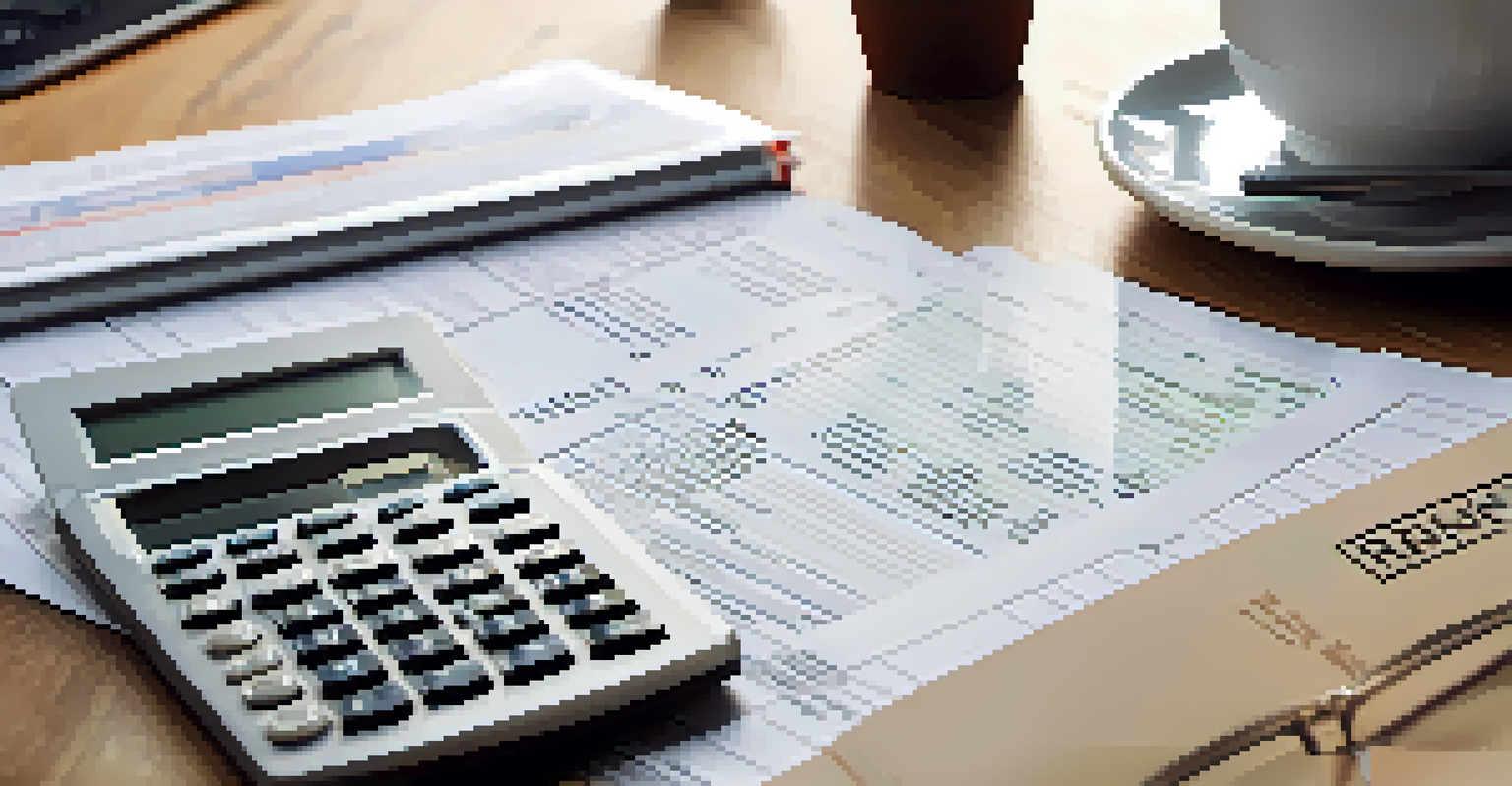 Close-up of financial documents, charts, and a calculator on a wooden desk, with a coffee cup beside them, creating a cozy professional atmosphere.