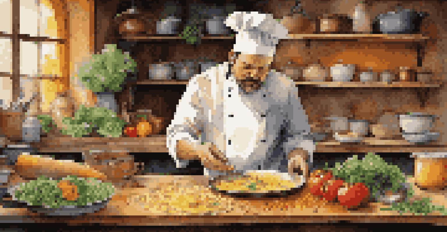 A chef selecting ingredients for a meal, surrounded by colorful vegetables and pasta in a cozy kitchen.