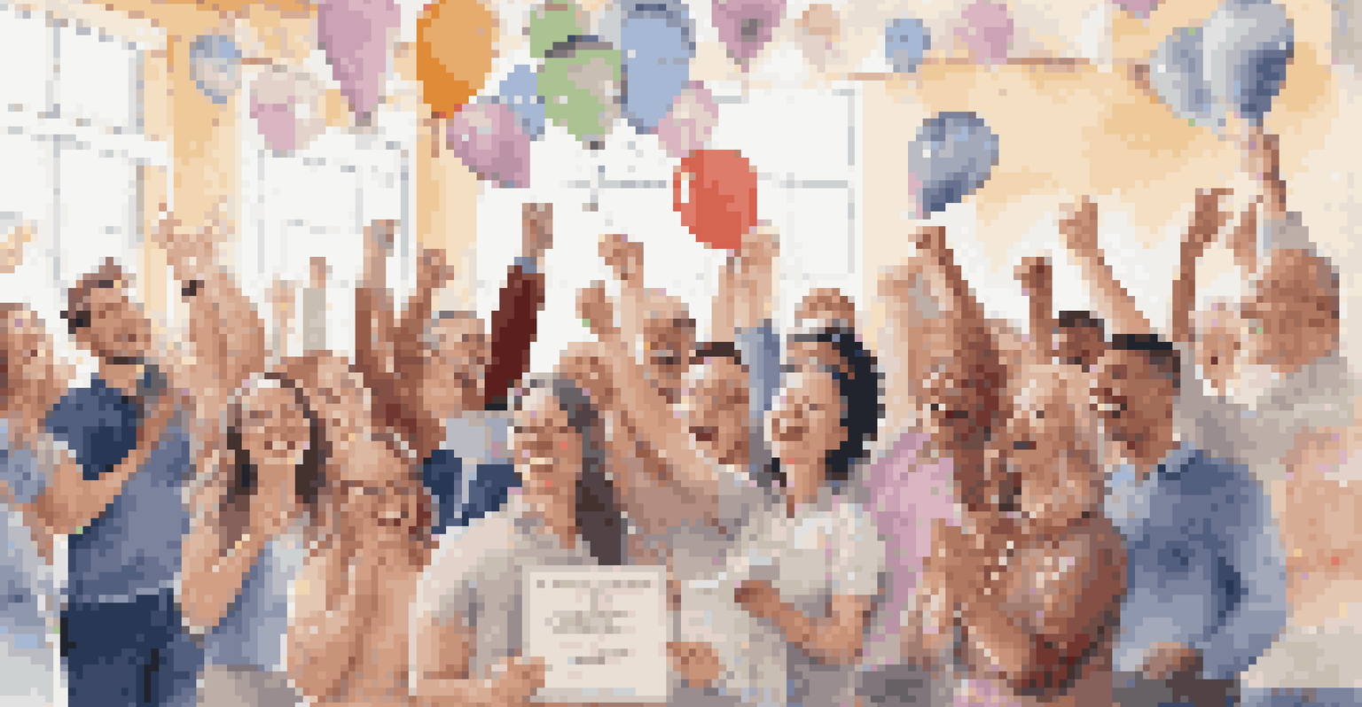 Participants in a financial workshop celebrating as one person holds up a certificate of achievement, with balloons and streamers in the background.