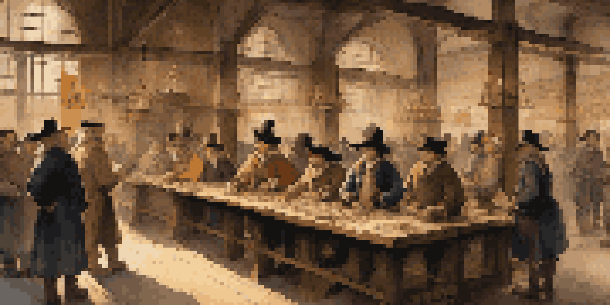 A lively 17th century Amsterdam Stock Exchange with traders in historical attire, wooden booths, and warm lighting.