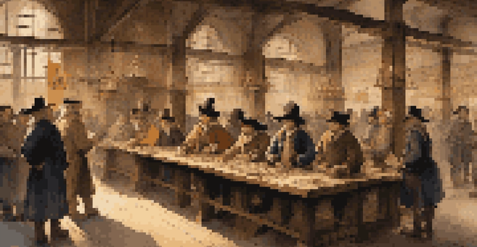 A lively 17th century Amsterdam Stock Exchange with traders in historical attire, wooden booths, and warm lighting.