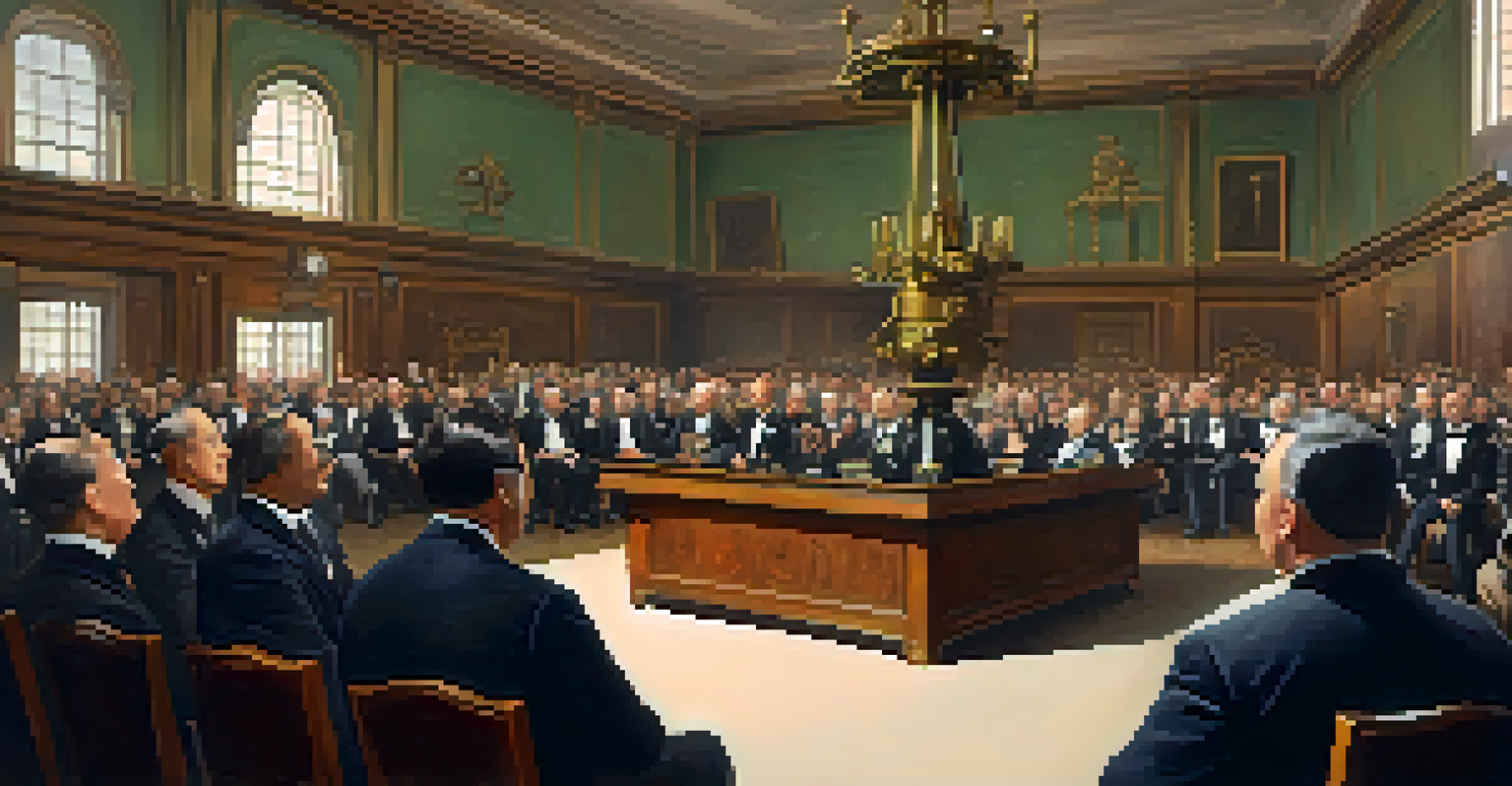 An auction house interior with a podium, chandeliers, and people bidding on artworks.