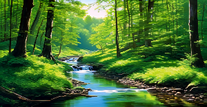A vibrant green forest with sunlight filtering through the trees and a small stream flowing.