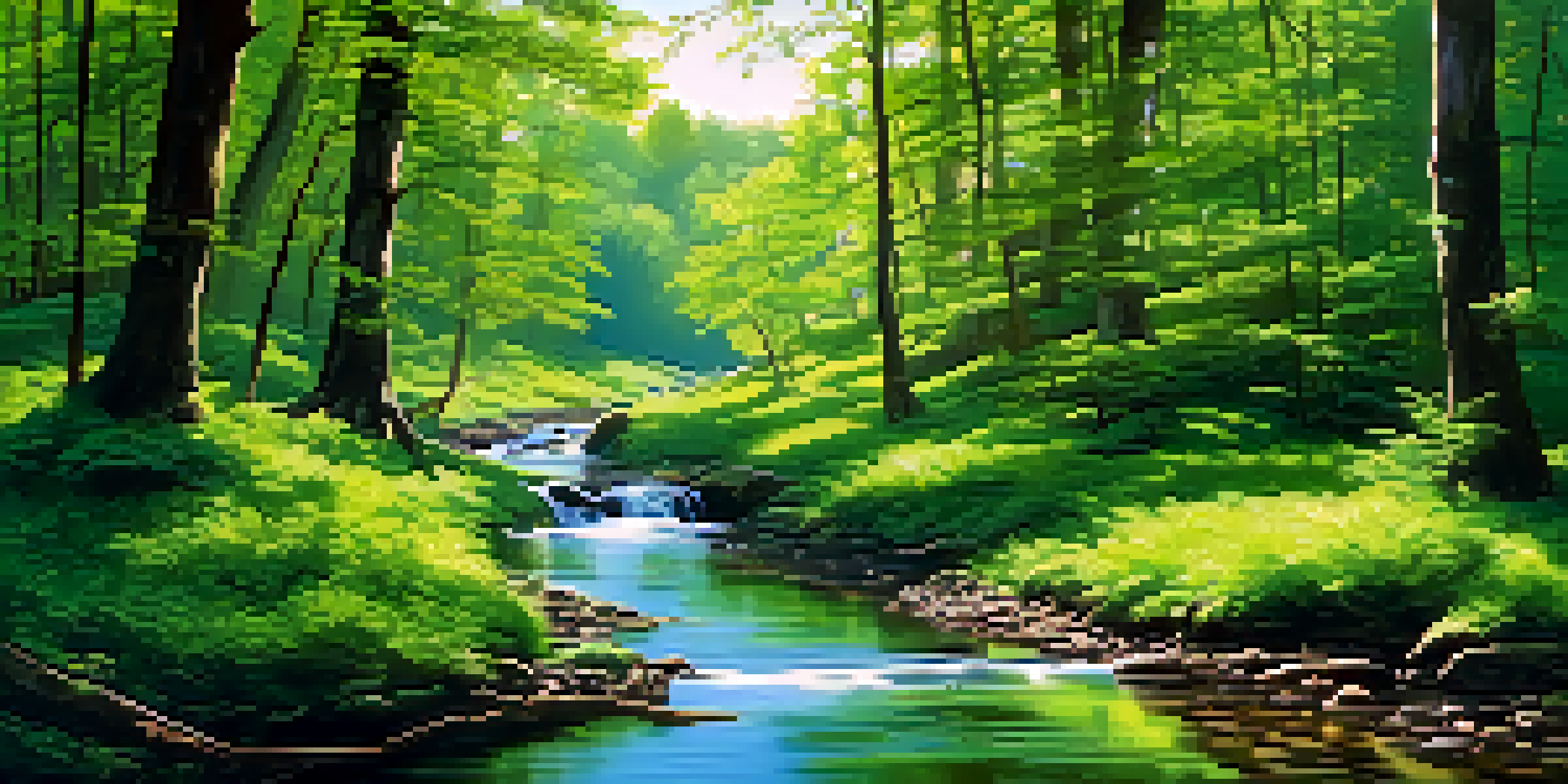 A vibrant green forest with sunlight filtering through the trees and a small stream flowing.