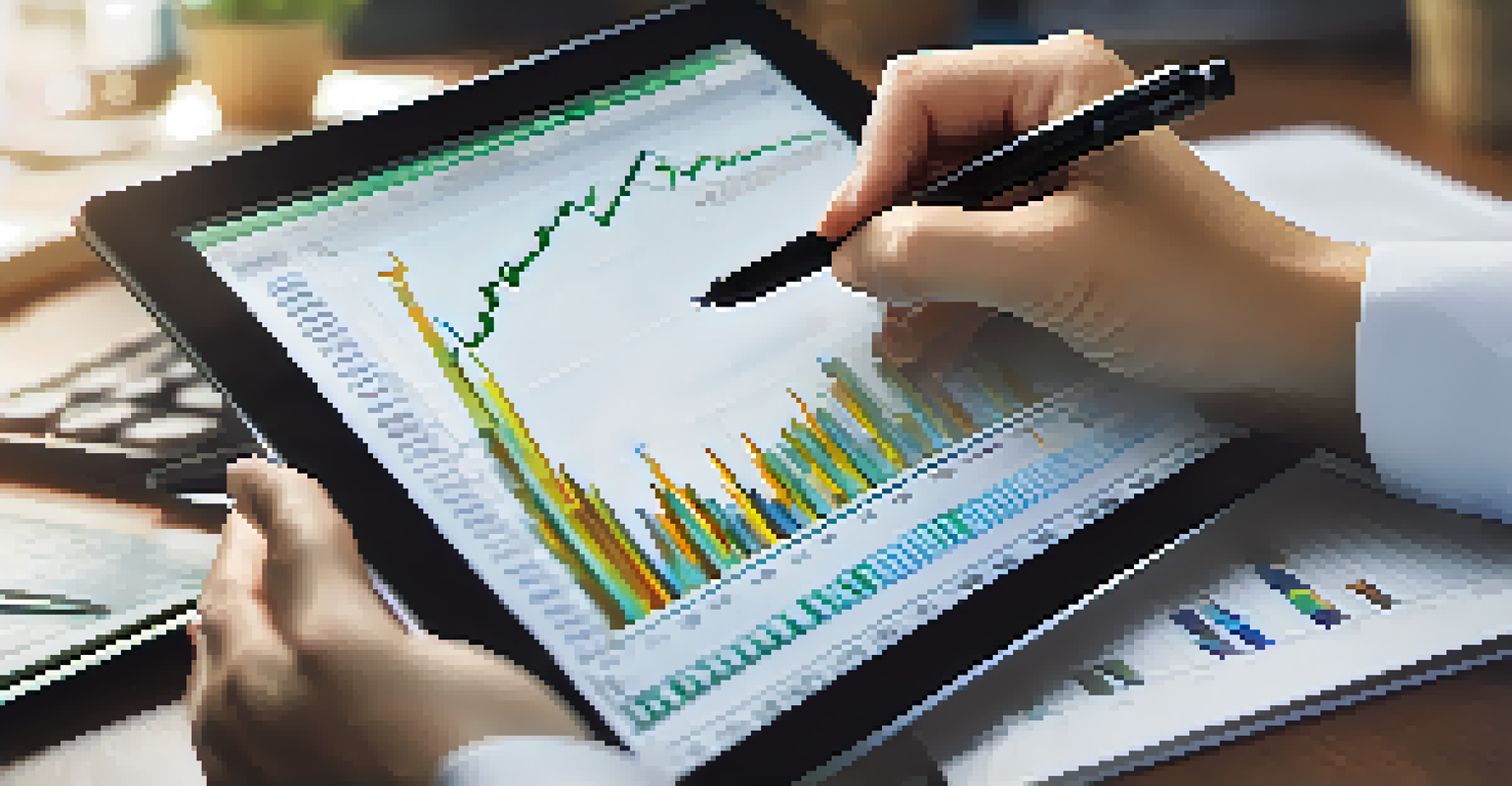A close-up of a stock market chart on a tablet with a hand holding a pen above it, set in an office environment.