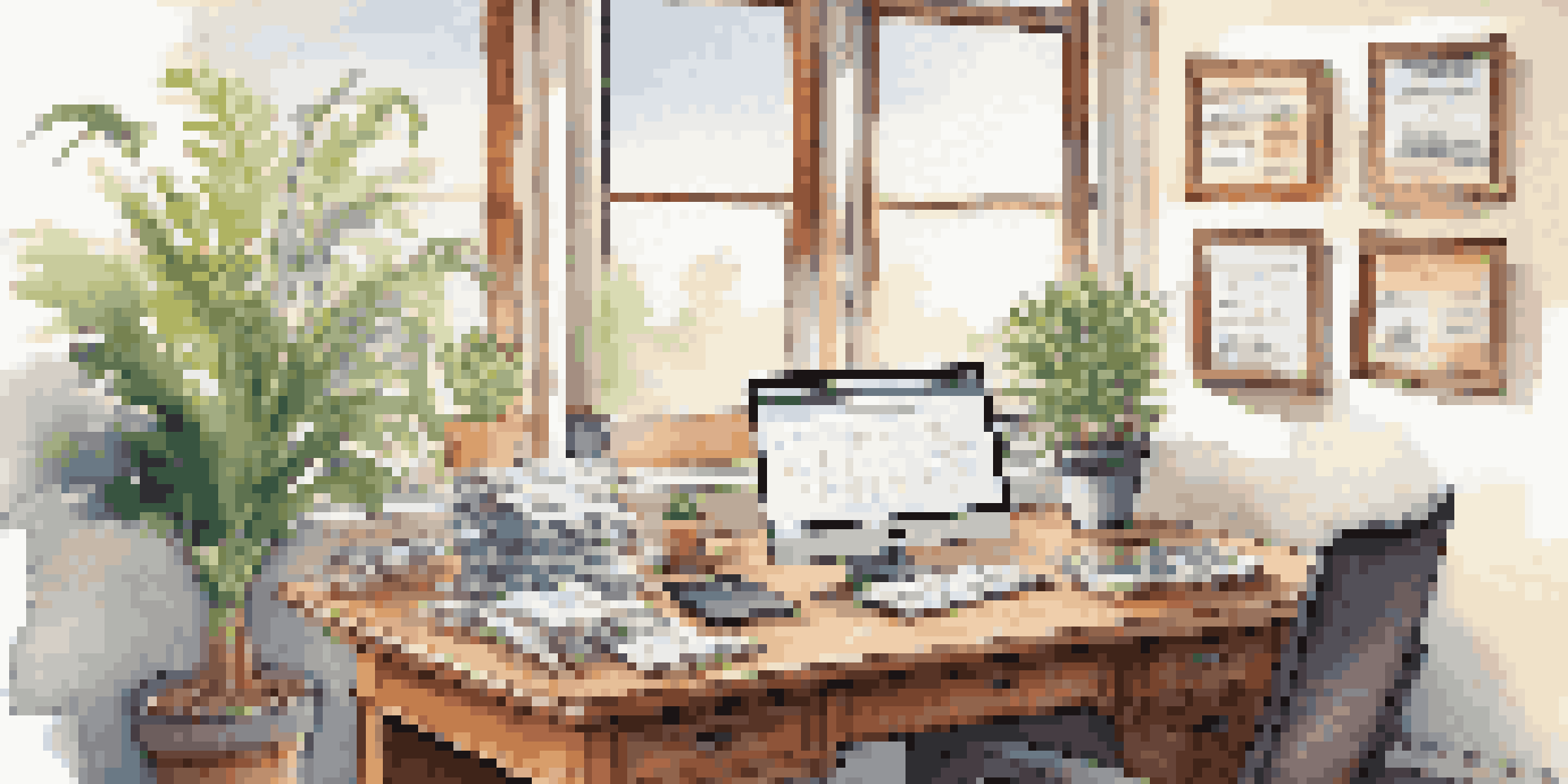 A peaceful office setup featuring a wooden desk with a laptop showing a cash flow statement, a potted plant, and a coffee cup, all bathed in natural light.