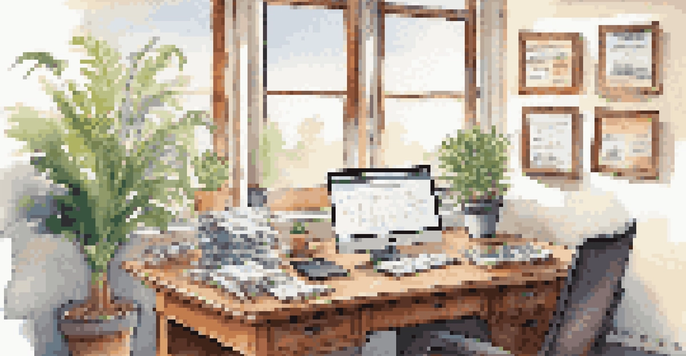 A peaceful office setup featuring a wooden desk with a laptop showing a cash flow statement, a potted plant, and a coffee cup, all bathed in natural light.