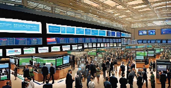 A busy stock exchange floor with traders reacting to market changes during a political event, showing various emotions.