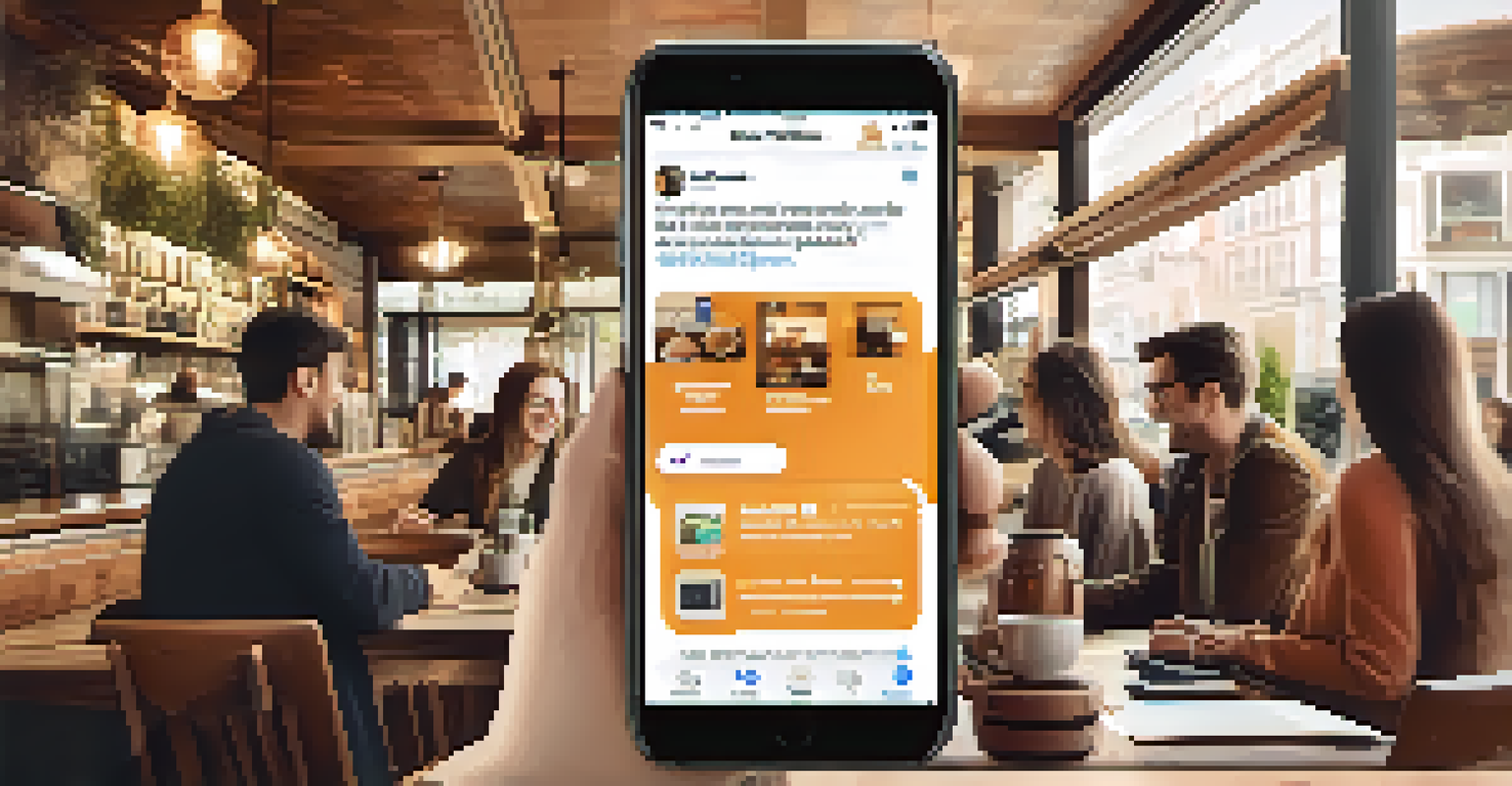 A smartphone displaying a finance-related social media feed in a lively coffee shop, highlighting engagement and networking.