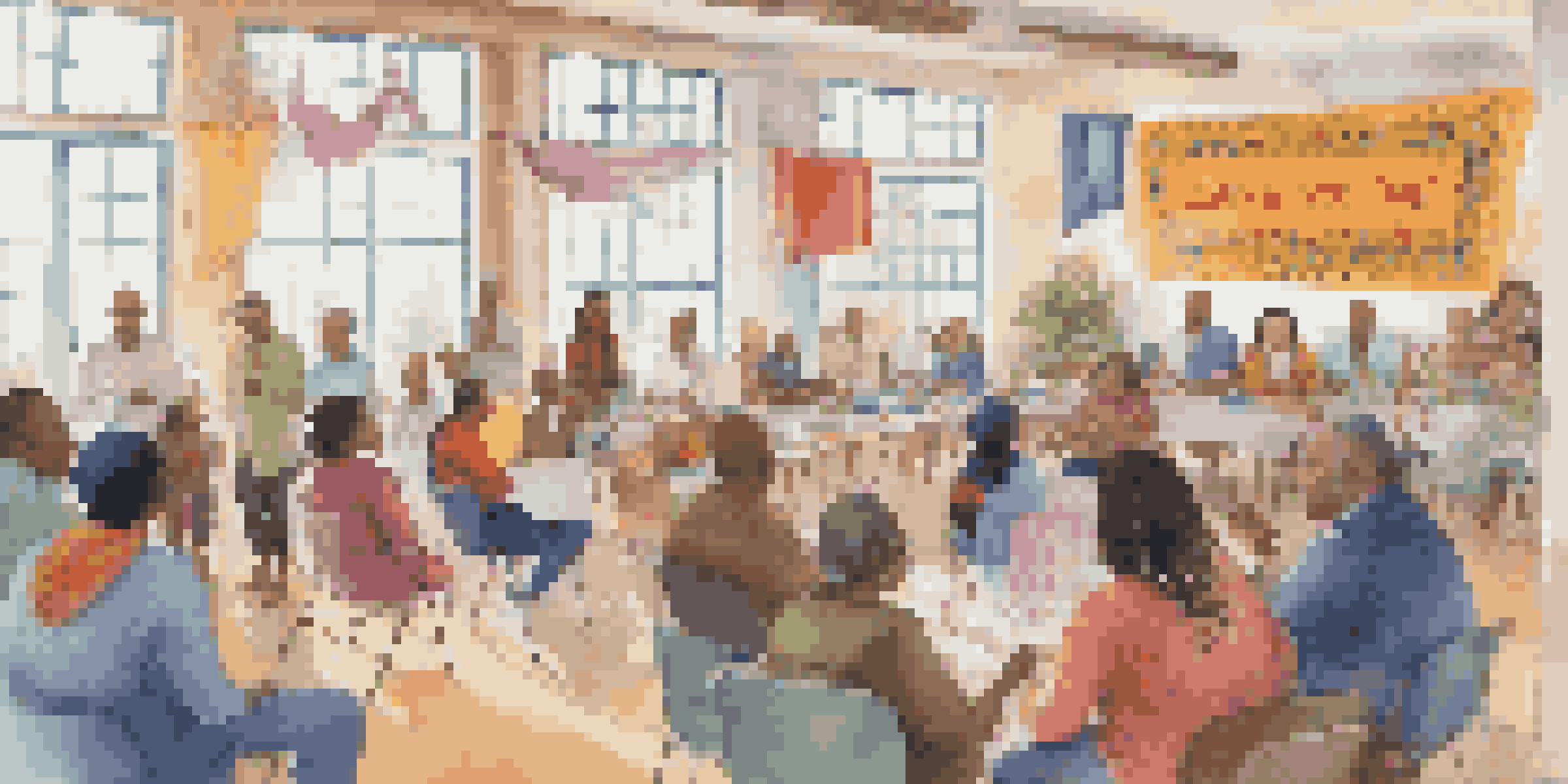 A diverse group of people in a community meeting, discussing in a colorful room with cultural decorations and a banner about trust and awareness.