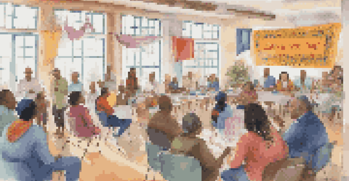 A diverse group of people in a community meeting, discussing in a colorful room with cultural decorations and a banner about trust and awareness.