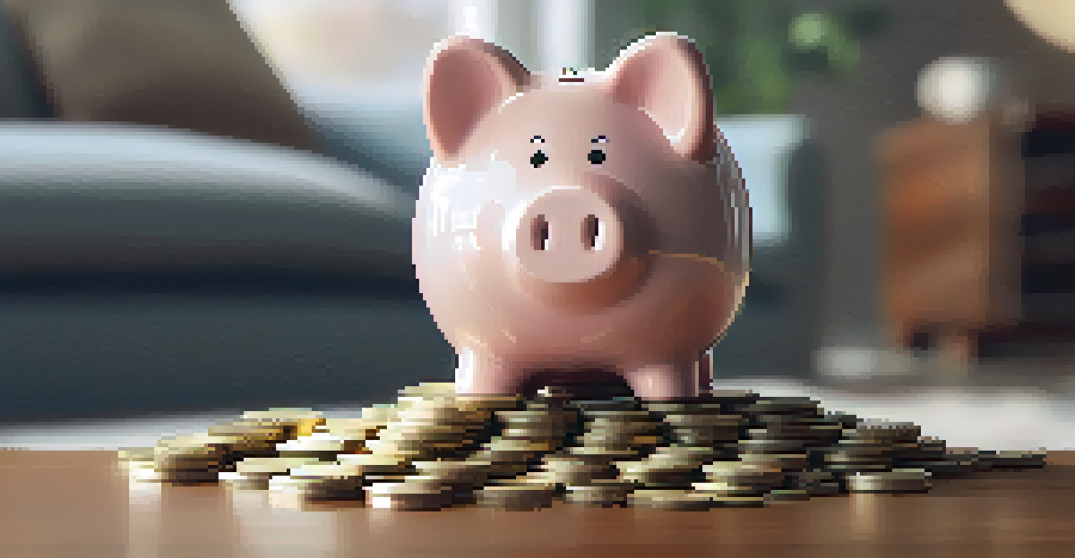 A piggy bank on a stack of coins, softly lit, with blurred family photos and a cozy living room in the background.