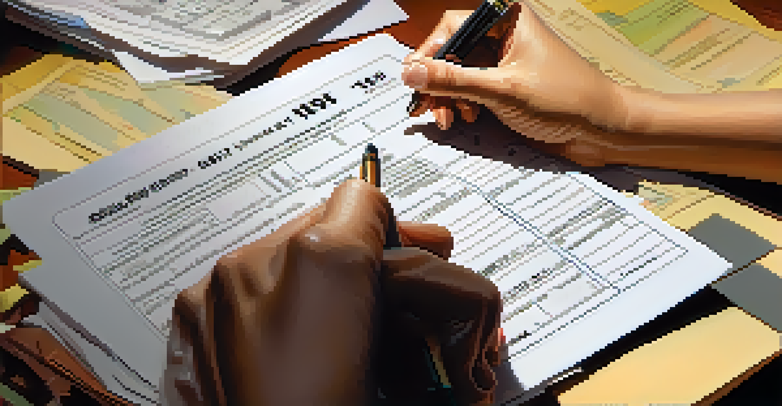 A close-up of a hand holding a pen over a tax form, with a calculator and receipts in the background.