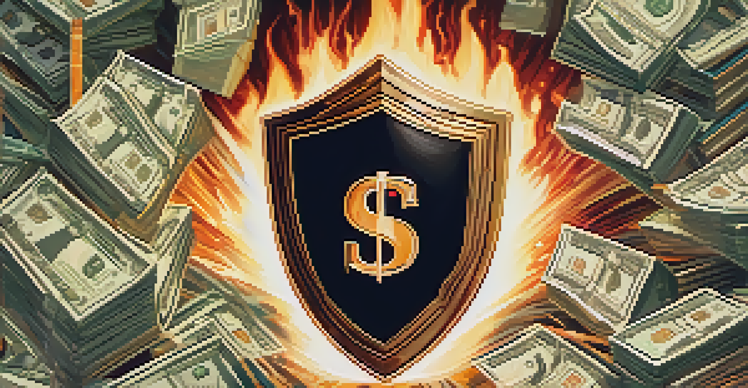 An abstract shield made of cash and bonds surrounded by rising flames, symbolizing protection against inflation.