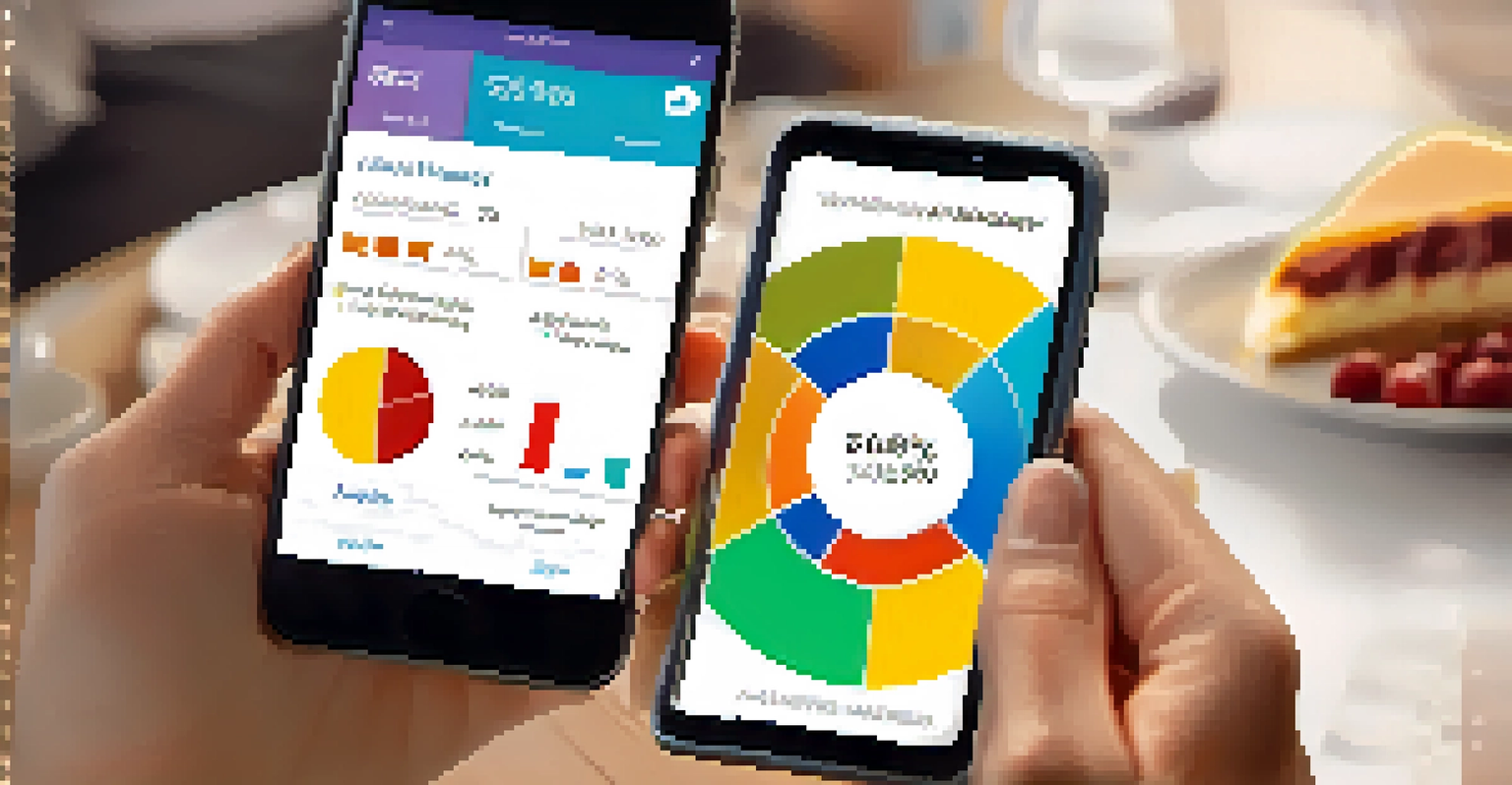 Close-up of hands using a smartphone with a budgeting app, showing a pie chart of spending categories.