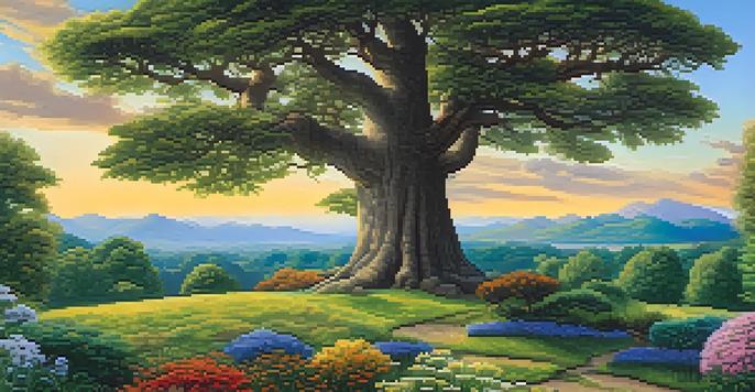 A tranquil garden illustrating different investment asset classes with trees and plants, under a clear blue sky.