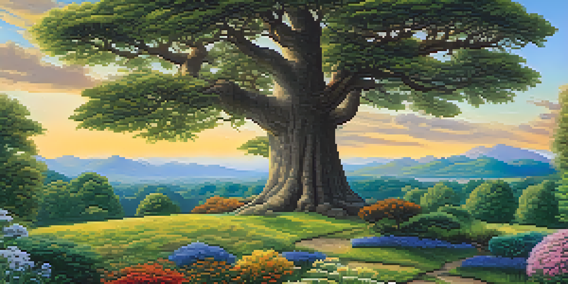 A tranquil garden illustrating different investment asset classes with trees and plants, under a clear blue sky.