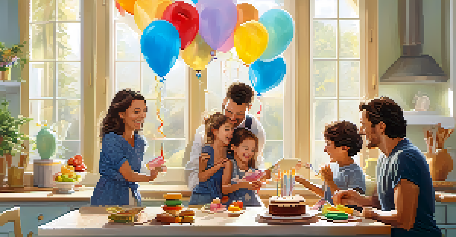 A family celebrating a savings milestone in a bright kitchen with balloons and a cake.