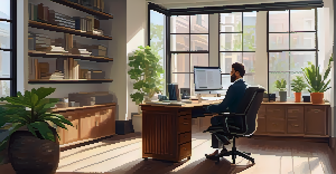 A professional at a wooden desk reviewing retirement account documents in a well-lit office with plants.
