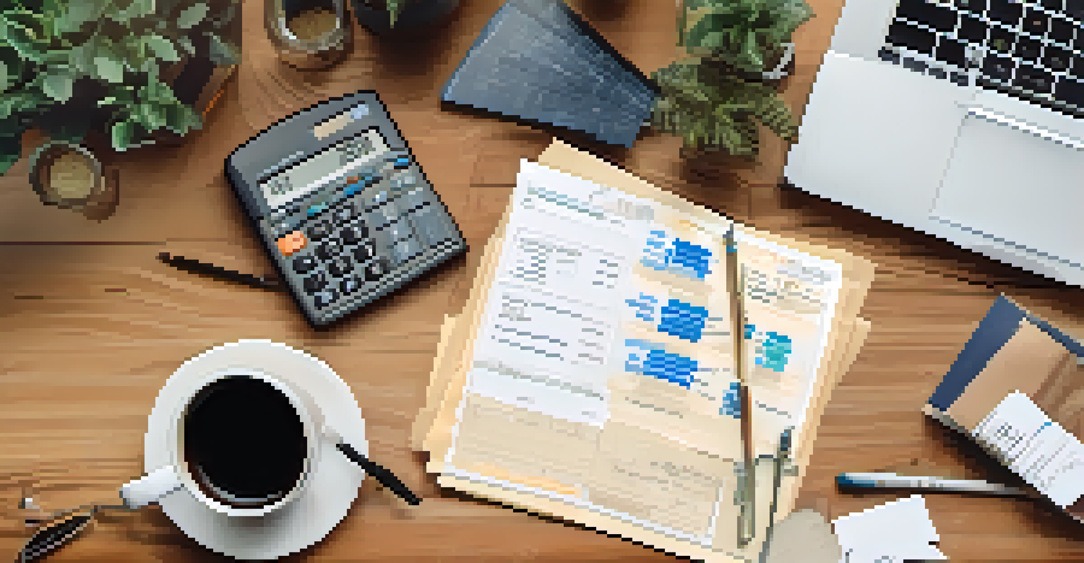 A flat lay image of a desk with a laptop, notepad, calculator, and coffee, illustrating financial planning.