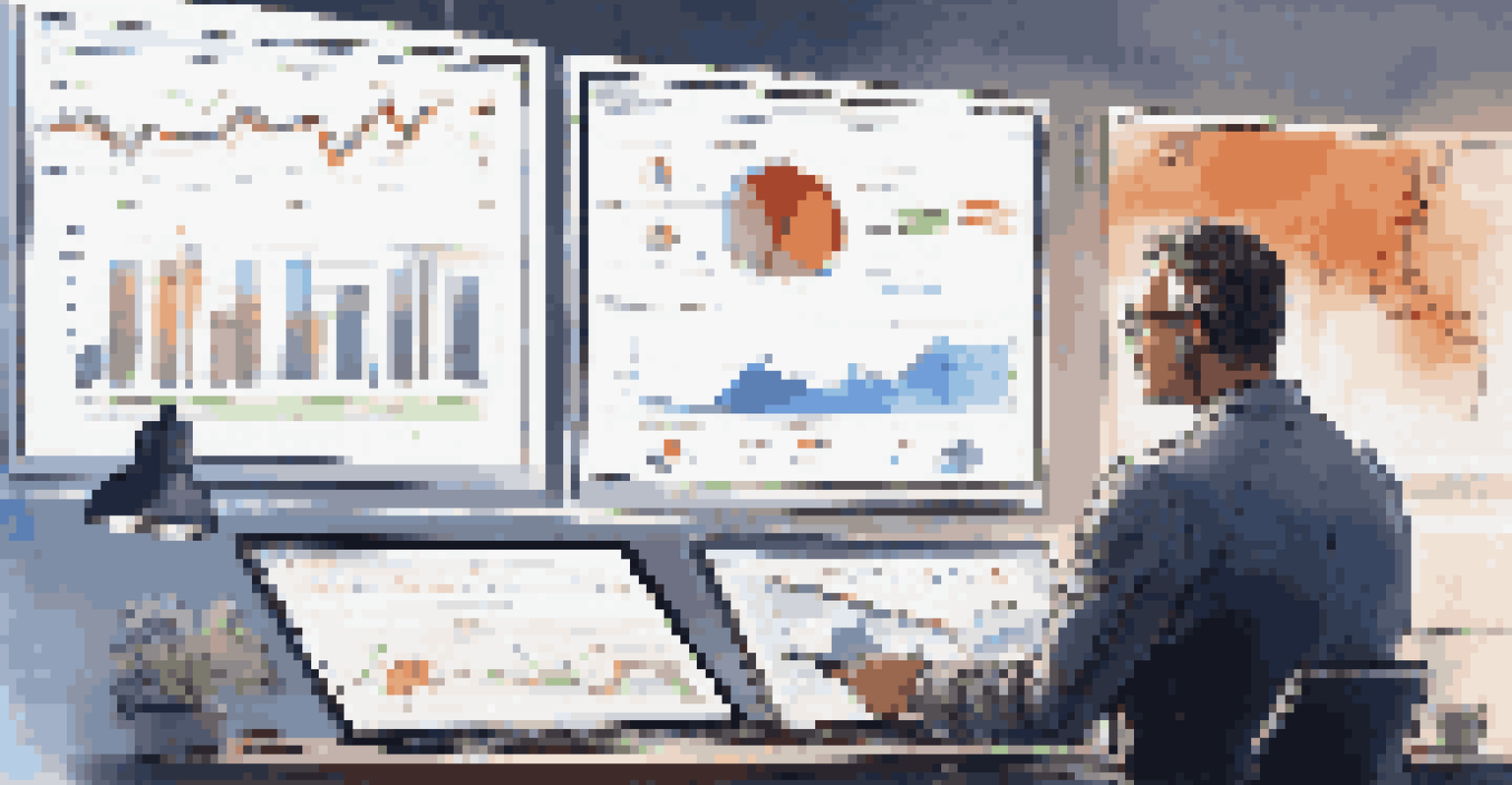 An investor examining financial data and market trends on a large screen in a bright office.