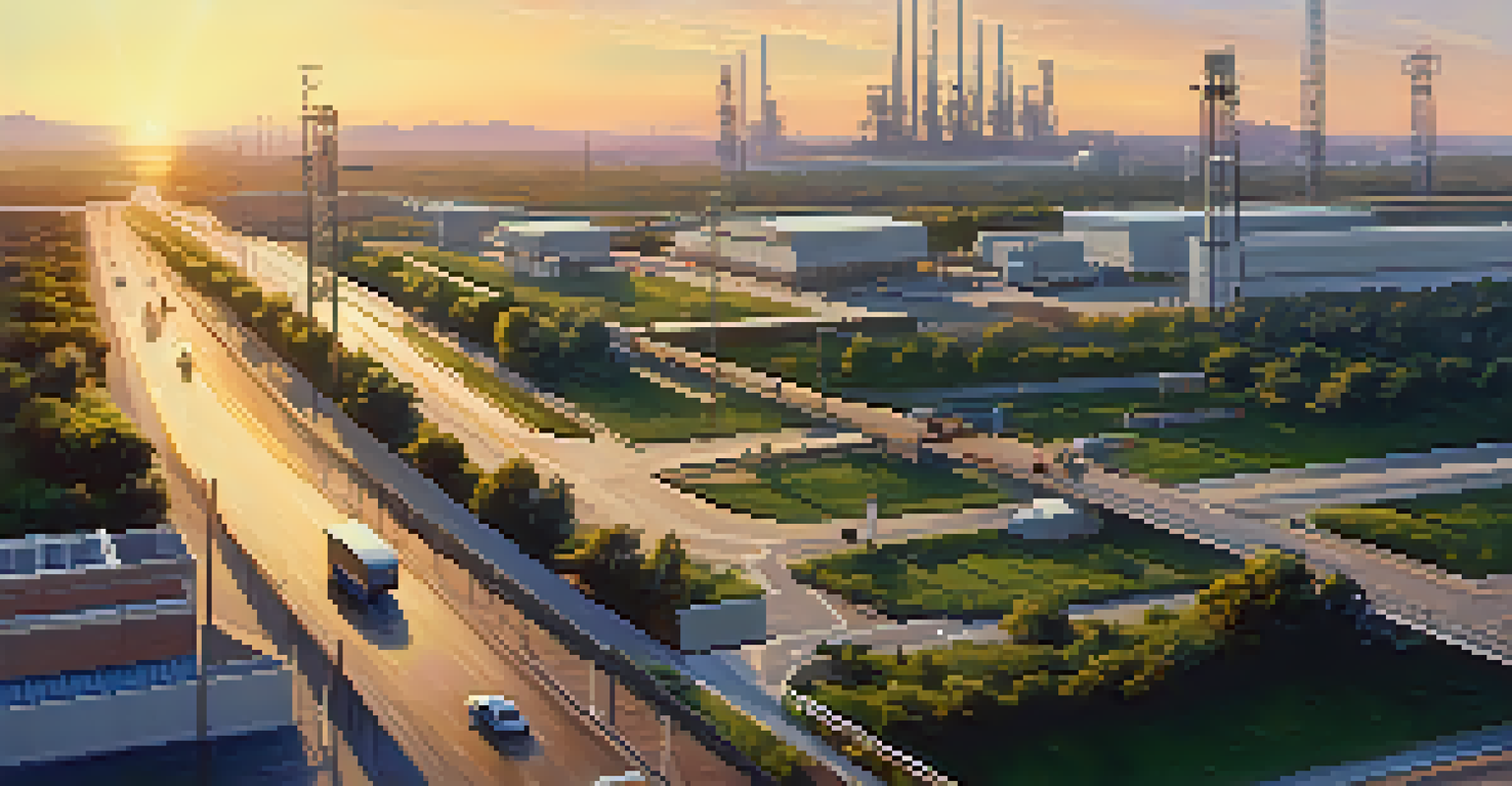 A landscape image of a developed infrastructure area with smooth roads, communication towers, and green spaces, illuminated by the setting sun.