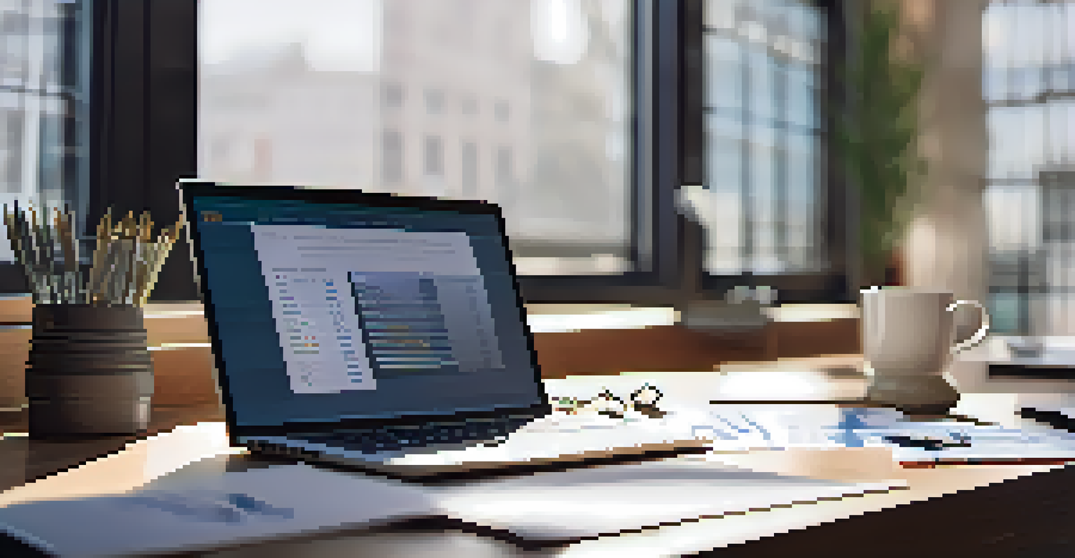 A desk with a customized risk management plan, charts, and a laptop in a well-lit setting.