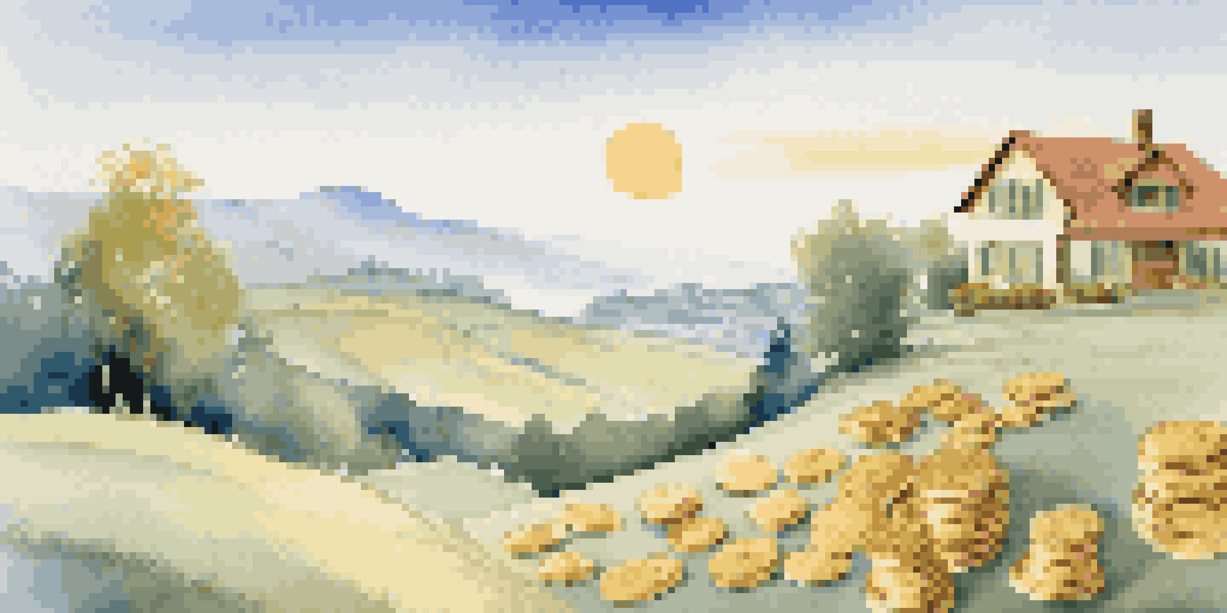 A tranquil landscape featuring different forms of investments like stock market graphs, a house, and gold coins, under a soft morning light.